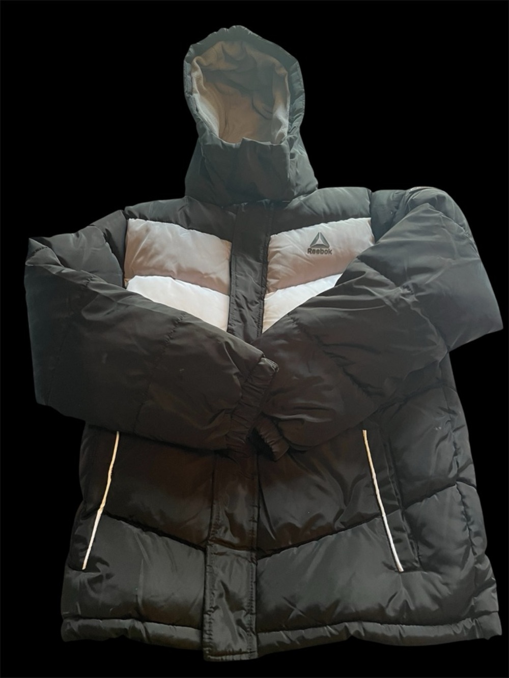 Reebok Black and Gray Hooded Puffer Jacket